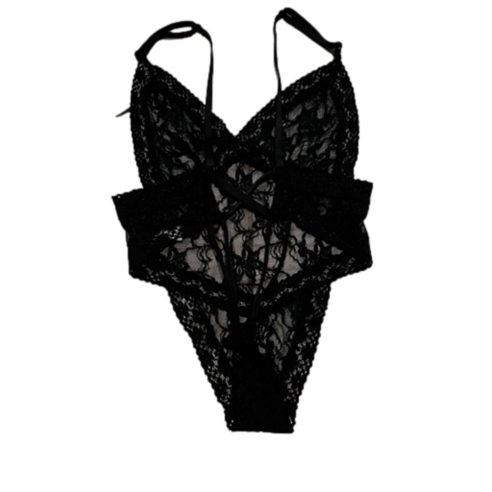 Kathy Ireland Black Lace Thong Bodysuit Small
